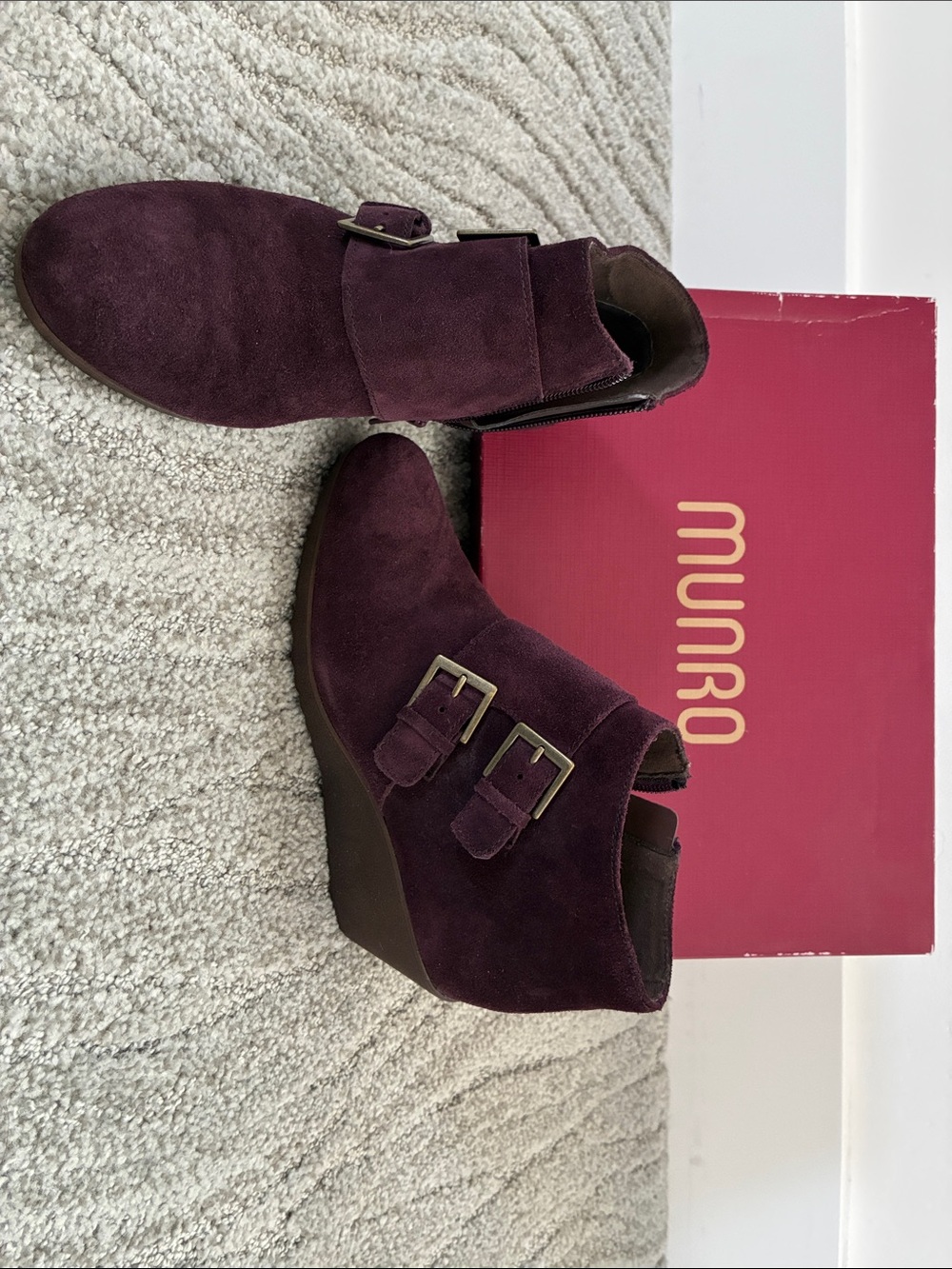 Munro Aubrey Plum Suede Wedge Booties with Buckle Detail